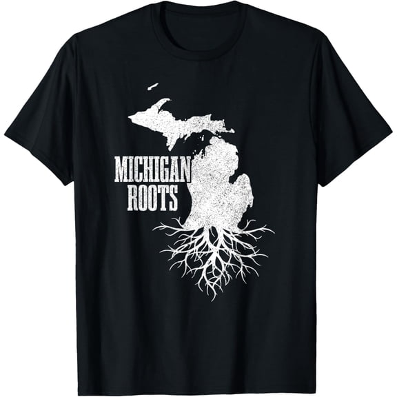 Michigan Roots State Map Graphic T-Shirt Vintage Unisex Adult Home Pride Short Sleeve Retro Silhouette Tee