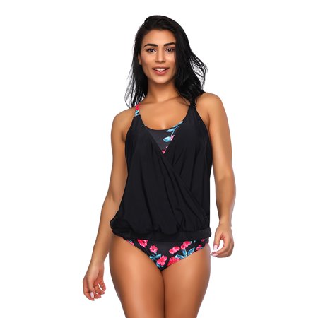 Sultry Ruched V Neck Black Flower Print Tankini Padding Cup Best (Best Neck Designs For Salwar Kameez)