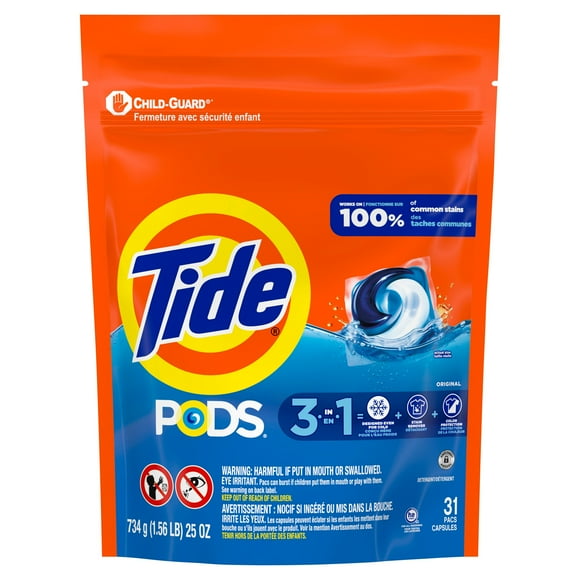 Tide PODS laundry detergent pacs, 3-in-1 Stain Remover, Odor Fighter, Color Protector, HE compatible, Original Scent, 31CT