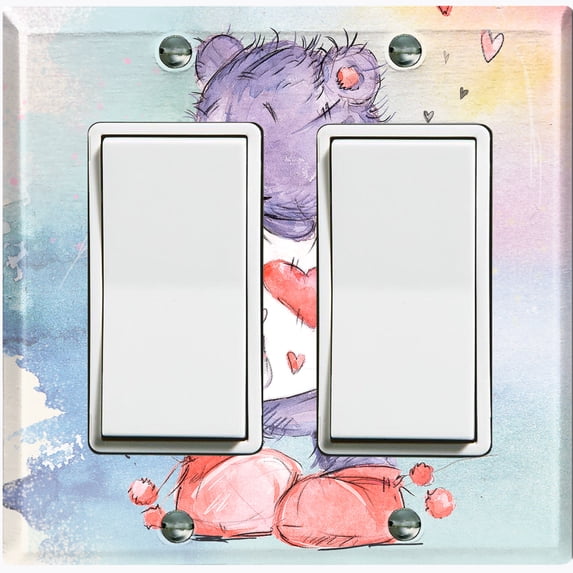 Metal Light Switch Wall Plate Outlet Cover (Love Friend Purple Teddy Bear Heart Pillow - Double Rocker)