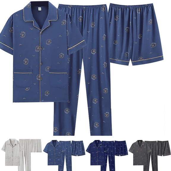 Blekii Men's 3 Piece Pajama Set, Short Sleeve Top & Shorts Sleepwear, Matching Lightweight Loungewear, Summer Breathable Sleep Outfit, Complete Sleep Set for Hot Weather,