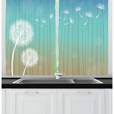 Ambesonne Dandelion Kitchen Curtains, Blowball on Wind, 55"x39", Turquoise Tan White