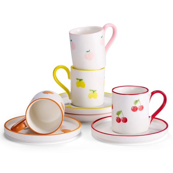 Hand Painted Porcelain Espresso Cup and Saucer Set, 3 oz, Set of 4, Multicolor