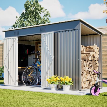 10x4 FT Metal Storage Shed with Open Firewood Bay, Floor Frame, Vents, Outdoor Tool/Garden Shed, Dark Gray
