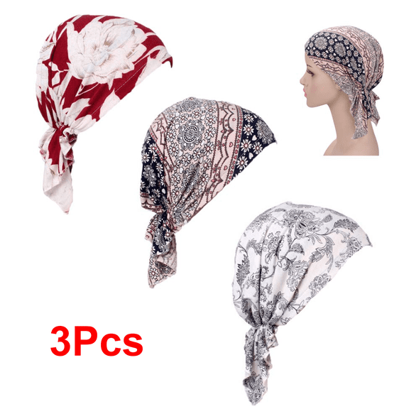 3 Pack Pre Tied Head Scarves for Women Slip On Chemo Turban Hats Headwrap Caps for Cancer Hair Cover Multicolour