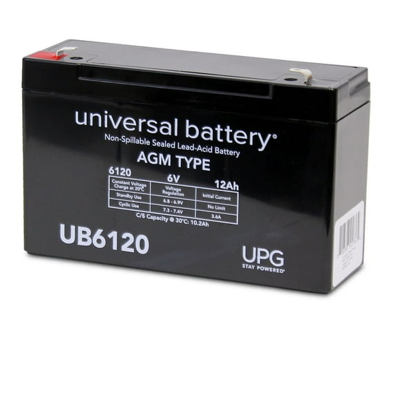 UPG UB6120 6V 12Ah F2 AGM Battery for Fire Security Panels Emergency Lights APC UPS Streamlight Fire Lite Box Ride On Power Toy Wheel