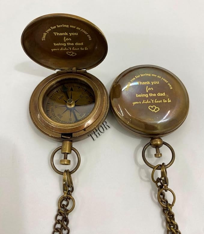 Antique Brass Compass Pocket Compass 2" Engraved Compass Push Botton (Thank You beaing The Dad) So Camping Compass Boating Compass Wedding Gift Brown Antique Pocket Size