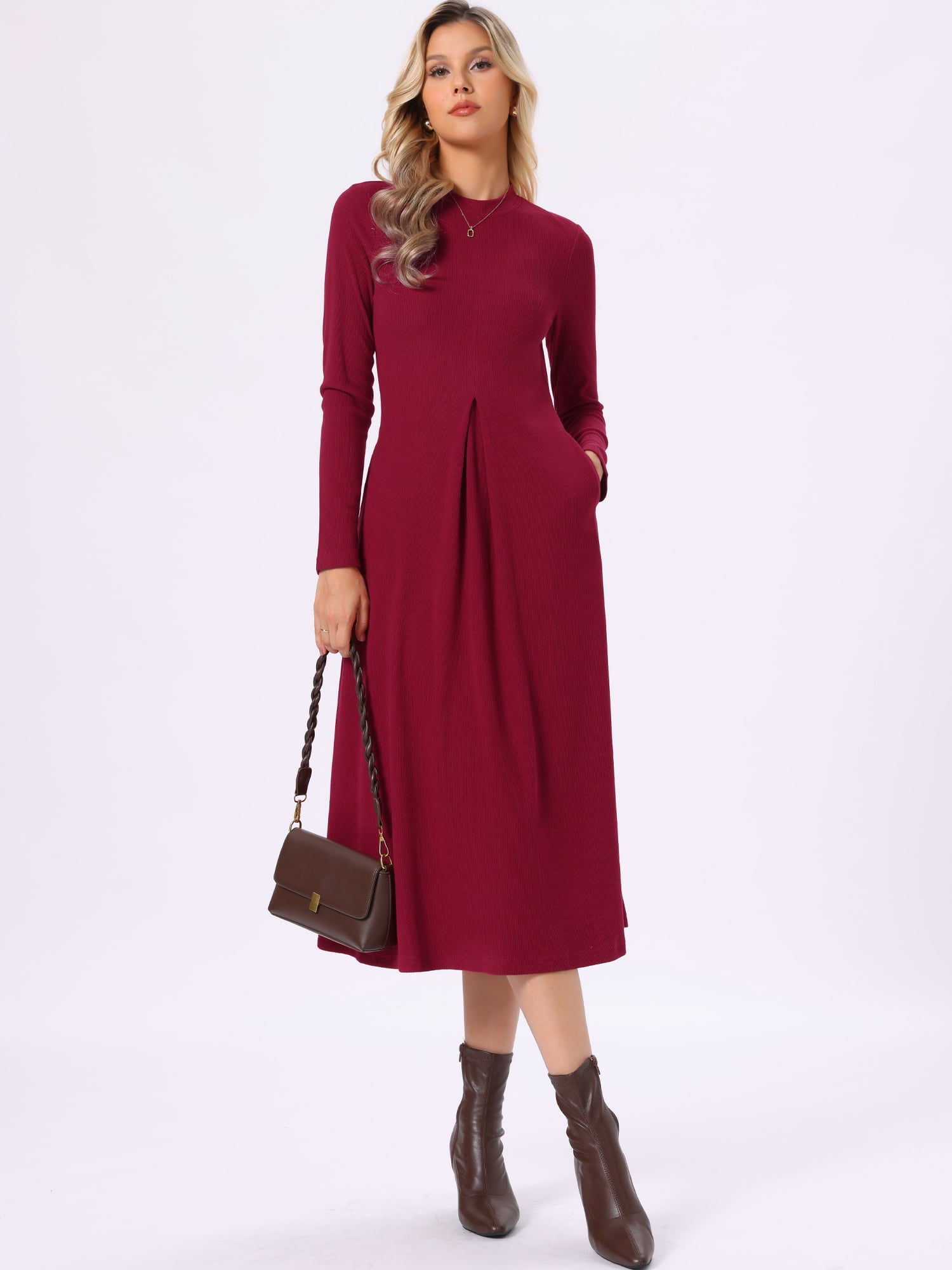 DARING DIVA Women's Ribbed Knit Long Sleeve Crew Neck with Pockets Dress XS Burgundy