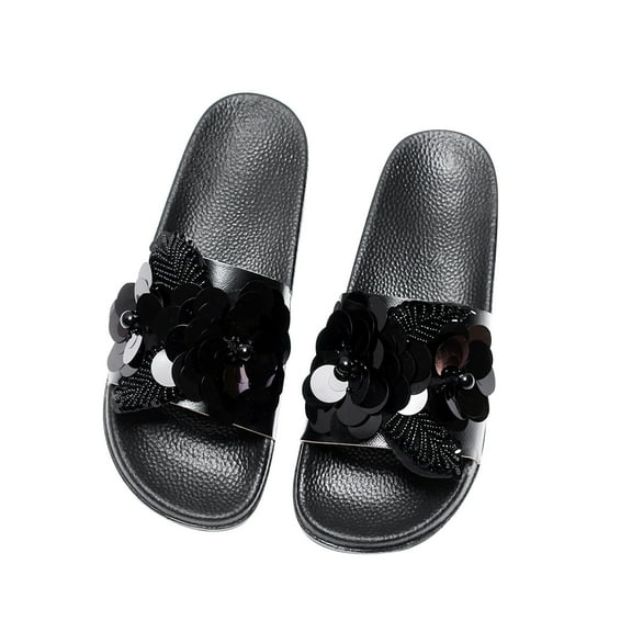JeashCHAT Sandals for Women, Slide Sandals Women's Summer Fashion Sequined Big Flower Slipper Solid Color Flat Shoes (Black)