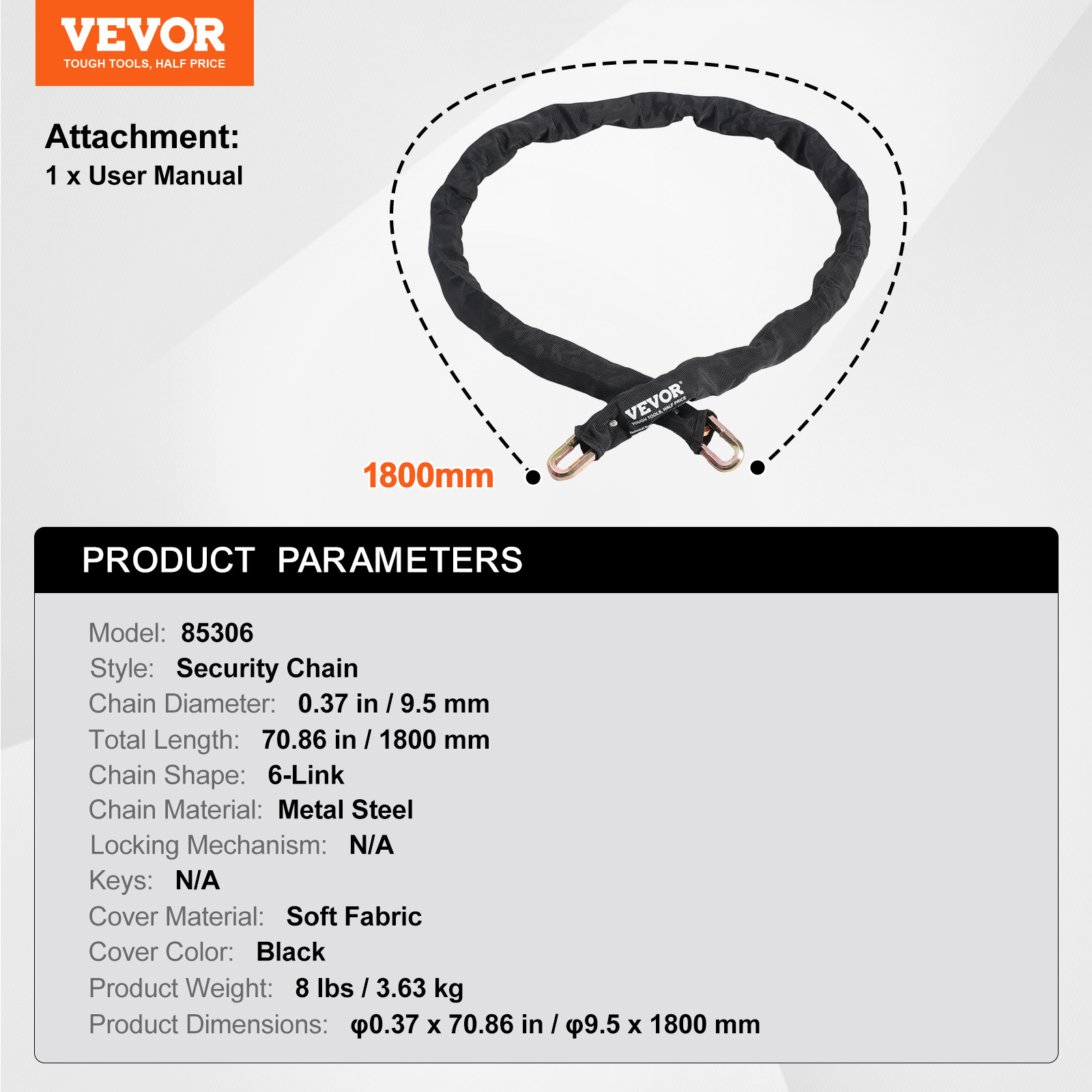 VEVOR Bike Chain Lock, 5.91 Ft Security Bicycle Chain Lock, Heavy Duty Metal Steel Anti-Theft High Security Bike Locks,Perfect for Bike, Motorcycle, Scooter, Bicycle, Door, Fence, Gate, 9.5mm,Black