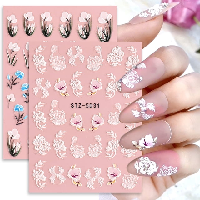Lubelski Embossed Nail Sticker Flower Decal DIY Nail Art Decoration Spring Summer Flower Nail Decoration Sticker Nail Supplies