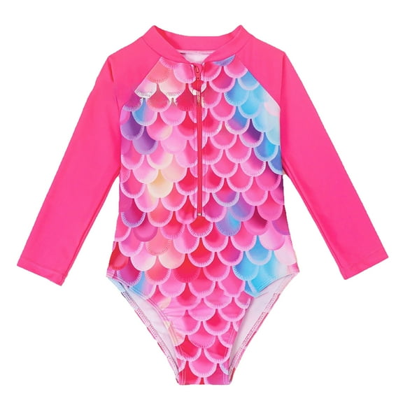 UPF 50 Long Sleeve Zipper Rash Guard Swimsuit for Toddler Girls Sun Protective Bathing Suit with Ruffle Detail