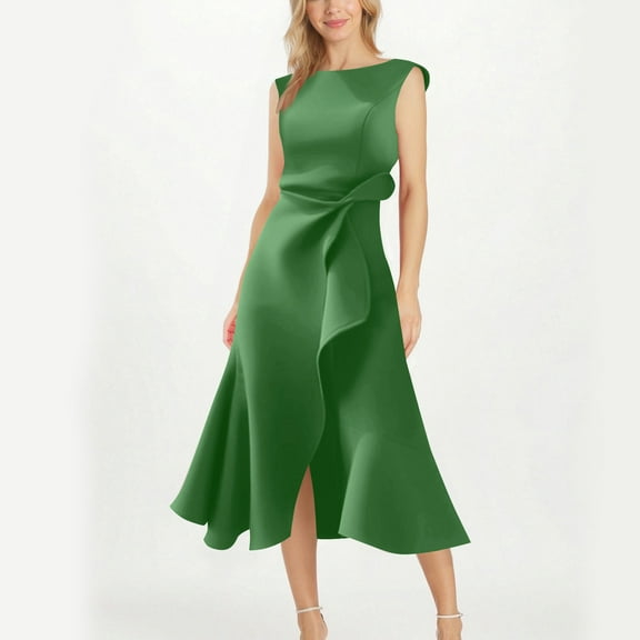 PNTUTB Women's Solid Color Sleeveless Round Neck Asymmetric Hemline Dress for Weddings and Special Occasions