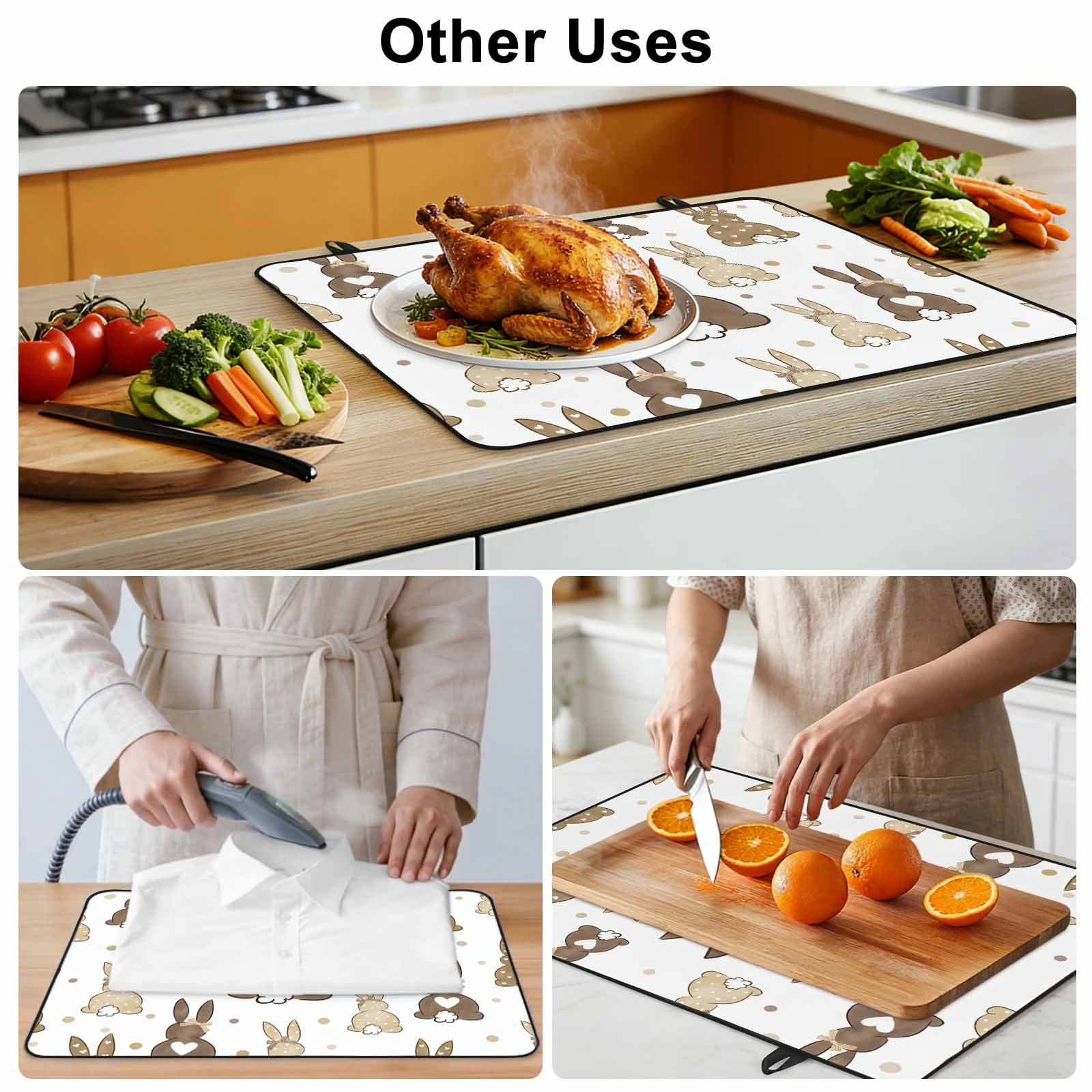 Brown Love Heart Bunny Stove Top Cover for Electric Stove, Heat-proof & Non Slip Glass Top Stove Cover Protector, Polka Dot Rabbits Farmhouse Kitchen Flat Cooktop Rubber Mat 24x21 Inches
