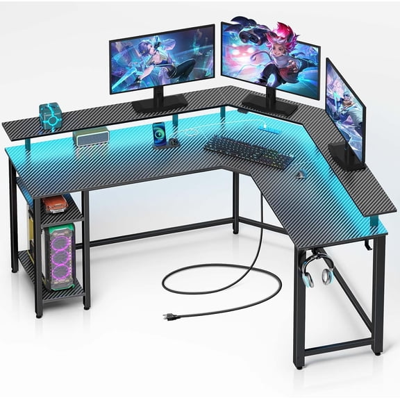 MY L Shaped Gaming Desk with LED Lights & Power Outlets, 46.2" Computer Desk with Full Monitor Stand & Storage Shelf, Corner Desk with Hooks, Carbon Fiber Desk Reversible