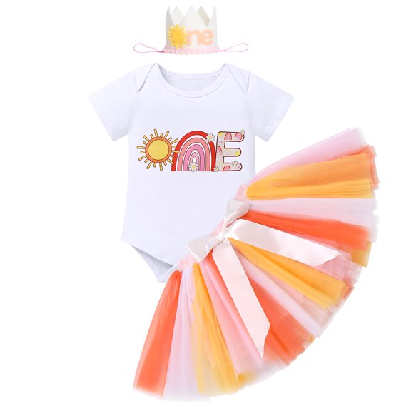 IBTOM CASTLE Baby Girls Boho Rainbow Sun 1st Birthday Outfit Romper Tutu Skirt Headband 3PCS Clothes Set for Cake Smash Photo Prop