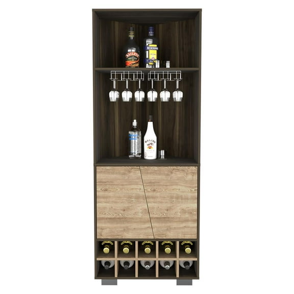 Depot E-Shop Nassau Corner Bar Cabinet With 10 Wine Cubbies, 2 Shelves, Rack, And Double Door, Dark Oak/Pine
