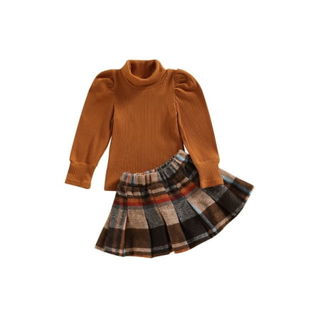 

Peyakidsaa Toddler Baby Girl Autumn Outfit Ribbed Long Sleeves Turtleneck Tops and Plaid Pleated Skirt Set