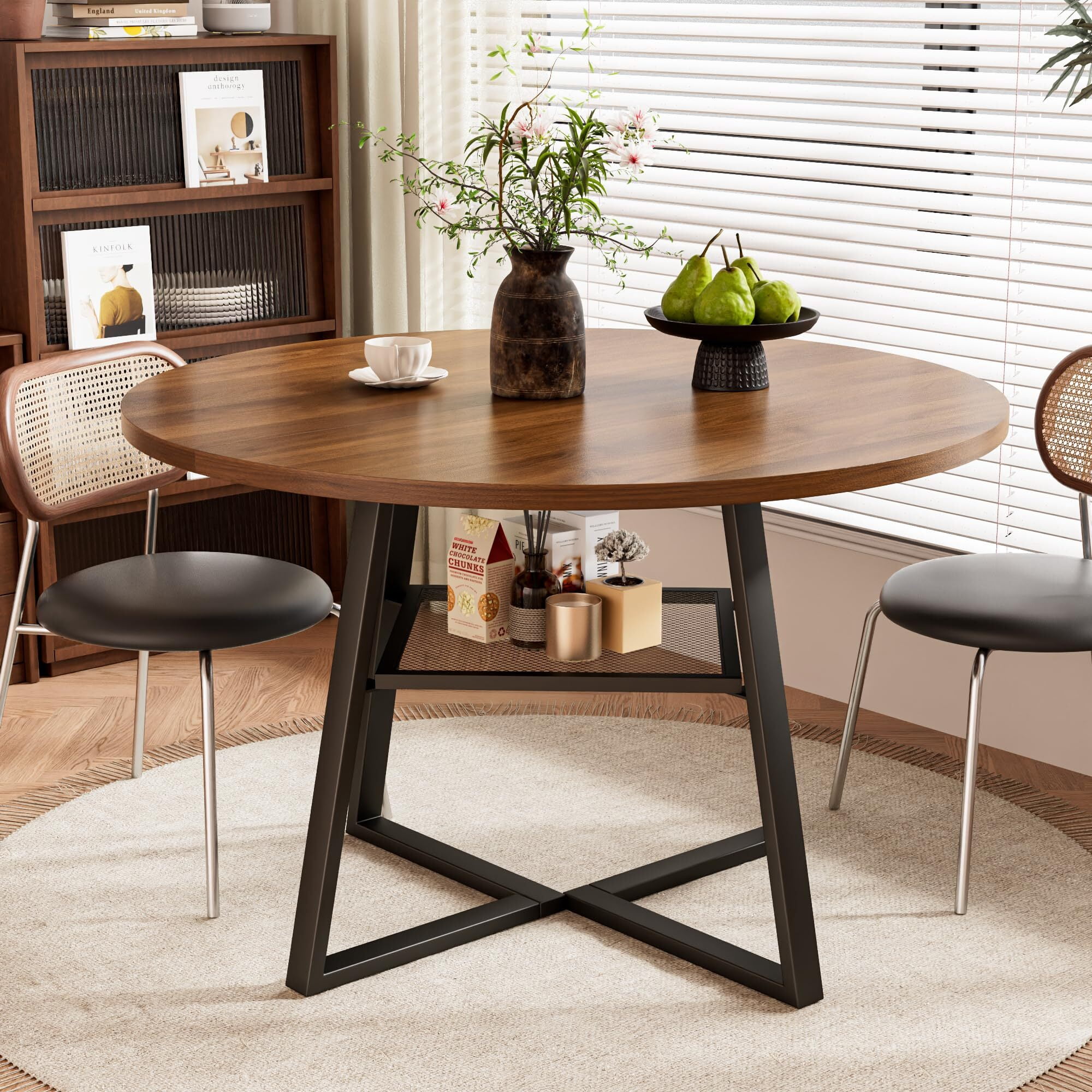 JEJEGORICH 47 in Round Dining Table for 4–6, Space Saving Kitchen Table with Storage, Mid Century Modern Metal Legs, Walnut