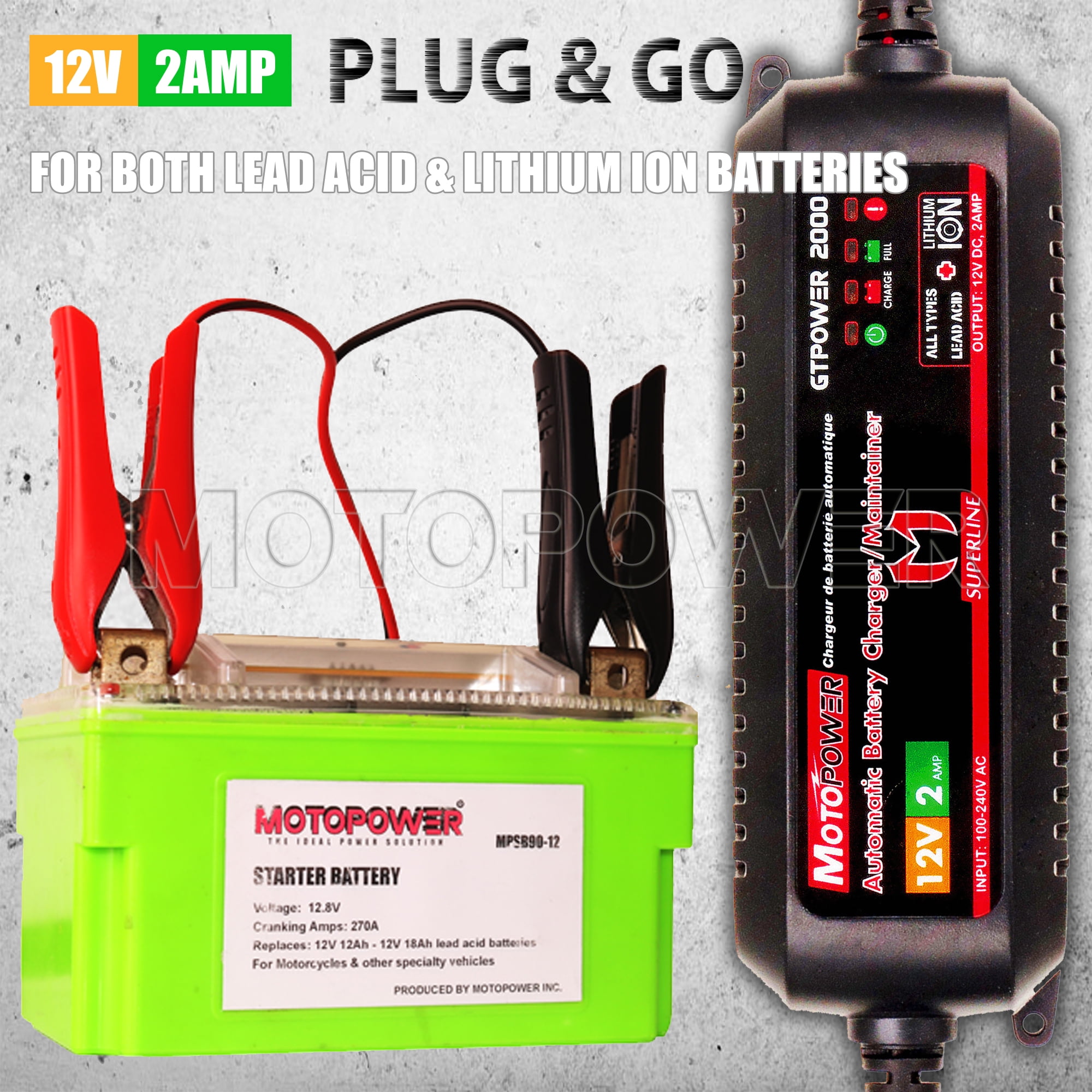 MOTOPOWER 12V 2Amp Automatic Battery Charger for Lithium Ion Batteries
