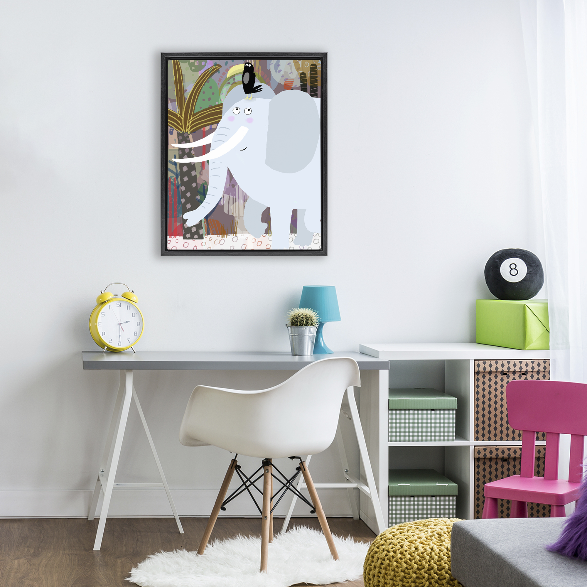 Elephant & Toucan in Jungle Black Framed Floater Canvas Wall Art, design by Carla Daly