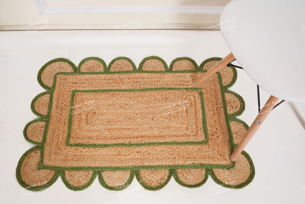 Hand Braided Natural Jute Rug Beige and Green Scalloped Area Rug Rectangle Rug
