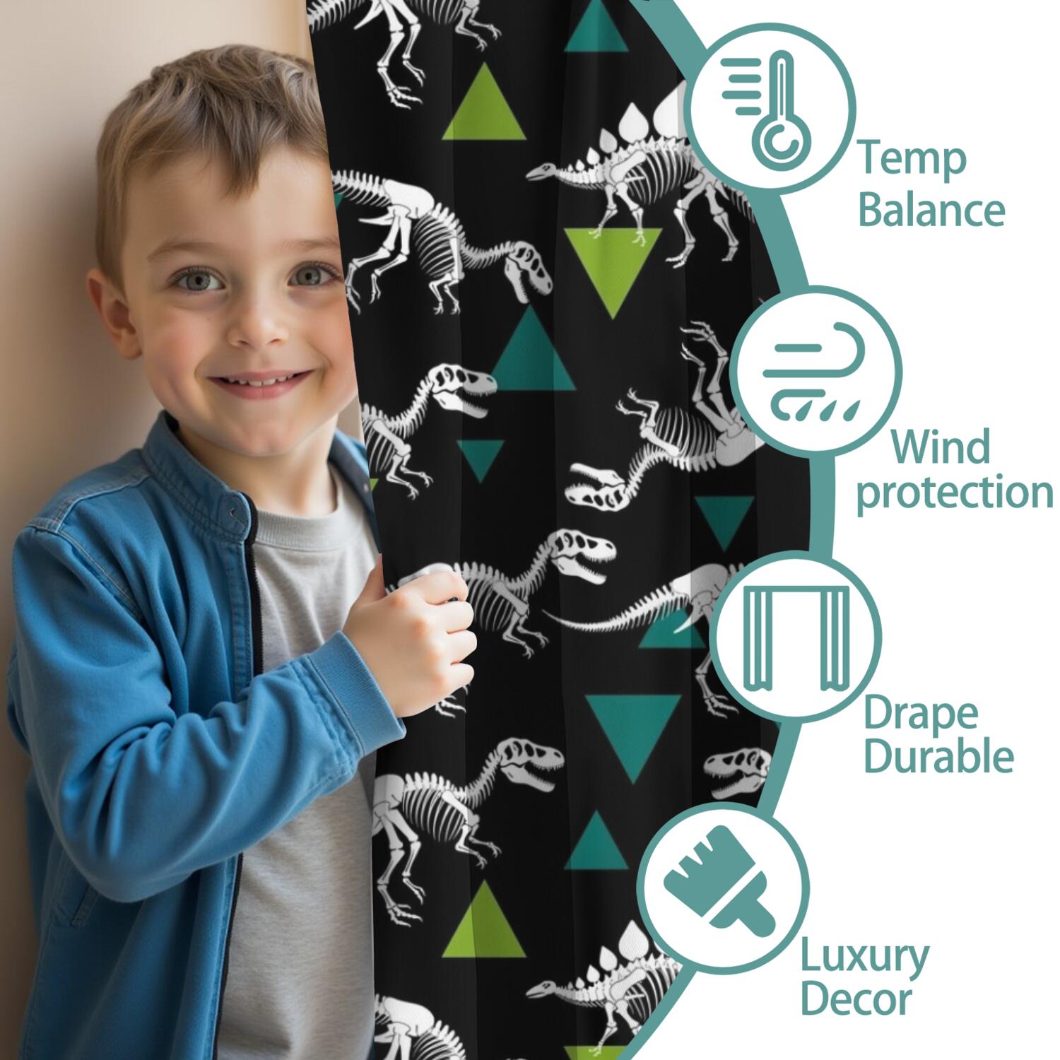 Blackout Kids Curtains,Black Cartoon Dinosaurs Skeletons Triangles Pattern Childrens Insulated Curtains Set Of 2,Bedroom Essentials,Toddler Room Decor 52"x63"