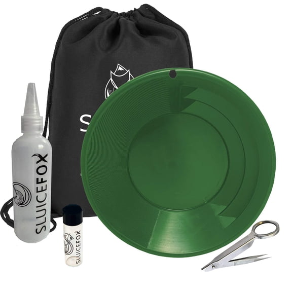Sluice Fox Gold Panning Starter Kit for kids or adults; Gold Snifter Bottle | 9 inch spiral gold pan with dual riffles; Basic Gold Prospecting Kit (Small, Green)