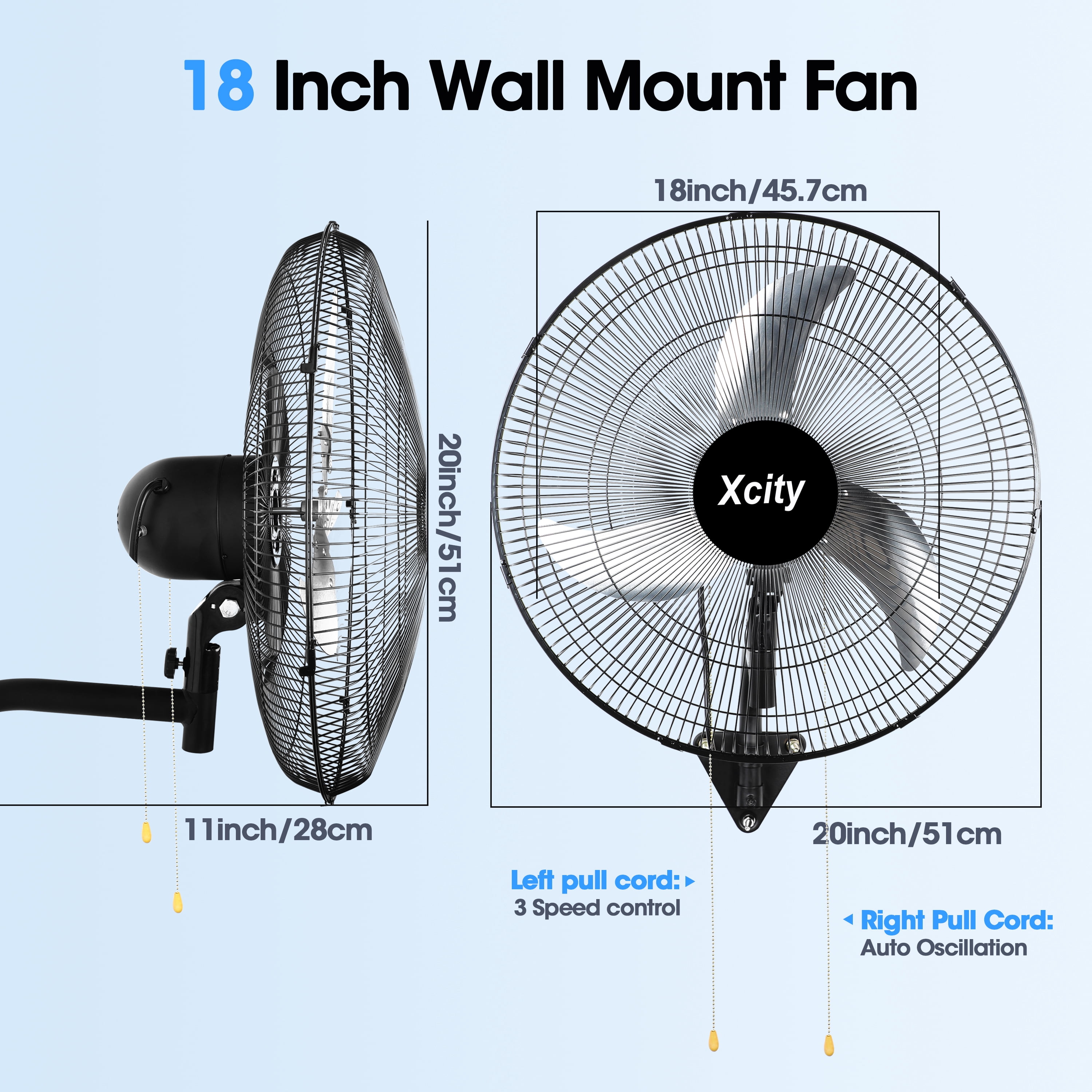avobird 18-Inch Metal Wall-Mounted Fan — 3-Speed Settings, 90° Left-to-Right Oscillation,Powerful Airflow Up to 2600 CFM — High-Velocity Industrial Fan, Ideal for Homes, Factories, and Workshops