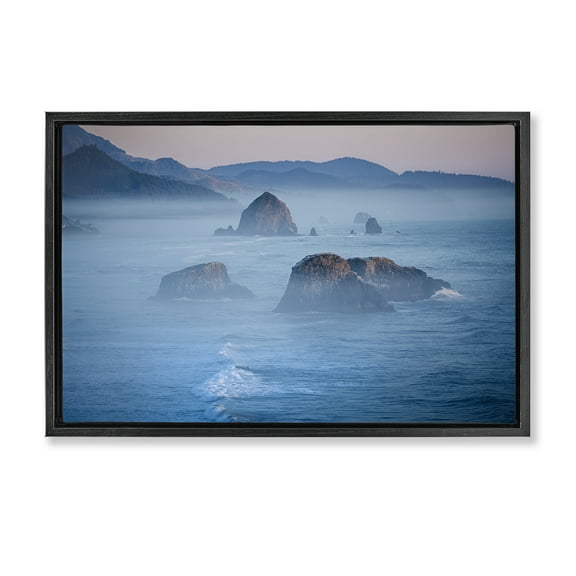 Stupell Industries Rocks Protruding from Sea Landscape & Nature Photography Black Floater Framed Canvas Art Print Wall Art, 25 x 17