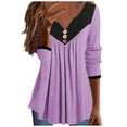 thumbnail image 2 of DPTALR Women Long Sleeved V-neck Button Pleated Top Multi Color Patchwork Top T-shirt, 2 of 6