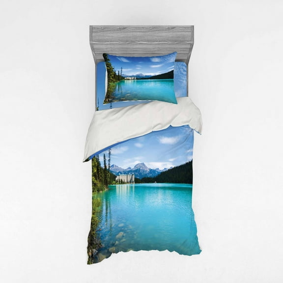 Ambesonne Landscape Bedding Set 3 Pcs, Canadian Lake Castle, Twin XL, Turquoise Green