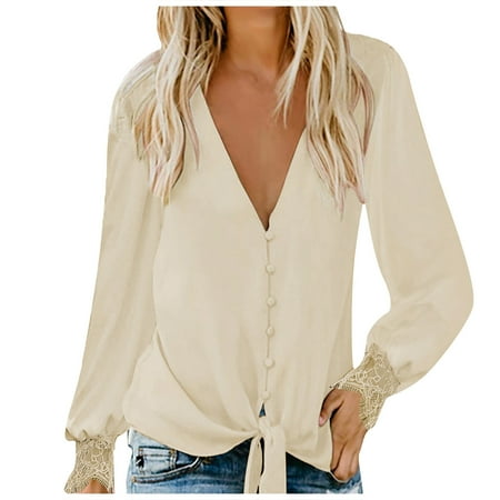 

Women s Long Sleeve Tops Crop Tops For Women Shirts Plain Shirts Bulk Women s Fashion Lace Splicing V-Neck Solid Color Hem Lace-Up Loose Tops Scrub Undershirt Plus Size Black (L Beige) TBKOMH
