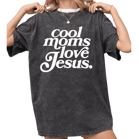 Women's "Cool Moms Love Jesus" Retro Font Vintage Breathable Short Sleeve Washed Tee Black S-2XL Plus Size
