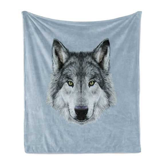 Wolf Soft Flannel Fleece Throw Blanket, Dog Portrait Gaze Sublime Animal Illustration Canine Beast, Cozy Plush for Indoor and Outdoor Use, 70" x 90", Black Beige Bluegrey, by Ambesonne