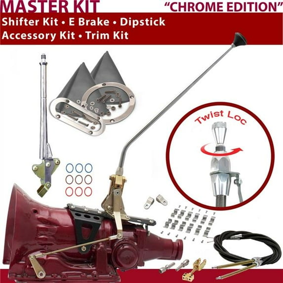 American Shifter TH350 Shifter Kit Chrome 23 in. E Brake Cable Clamp Clevis Trim Kit Dipstick for DD0FF