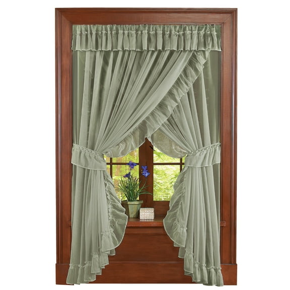 Collections Etc Isabella Ruffled Sheer Fabric Rod Pocket Window Curtain Set, Sage