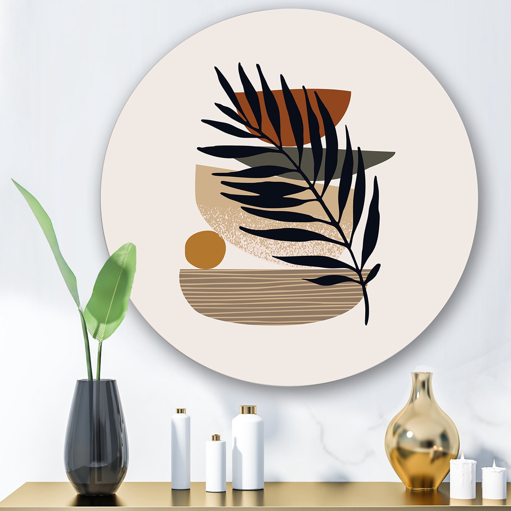 Designart 'Shapes and Tropical Leaf Silhouettes IV' Modern Circle Metal Wall Art 11x11 - Disc of 11