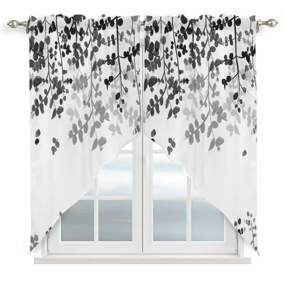 Black Leaves Swag Curtains for Kitchen/Bedroom/Living Room, Summer Botanical Scalloped Curtains 63 Inch Long, Rod Pocket Window Swag Topper Curtains Valances 2 Panels Set 36"x63"