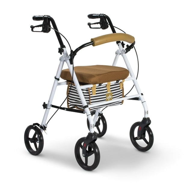 Andador plegable de acero Medline con protección Microban*, ruedas de 20 cm, asiento cómodo, capacidad de peso de 136 kg, color blanco