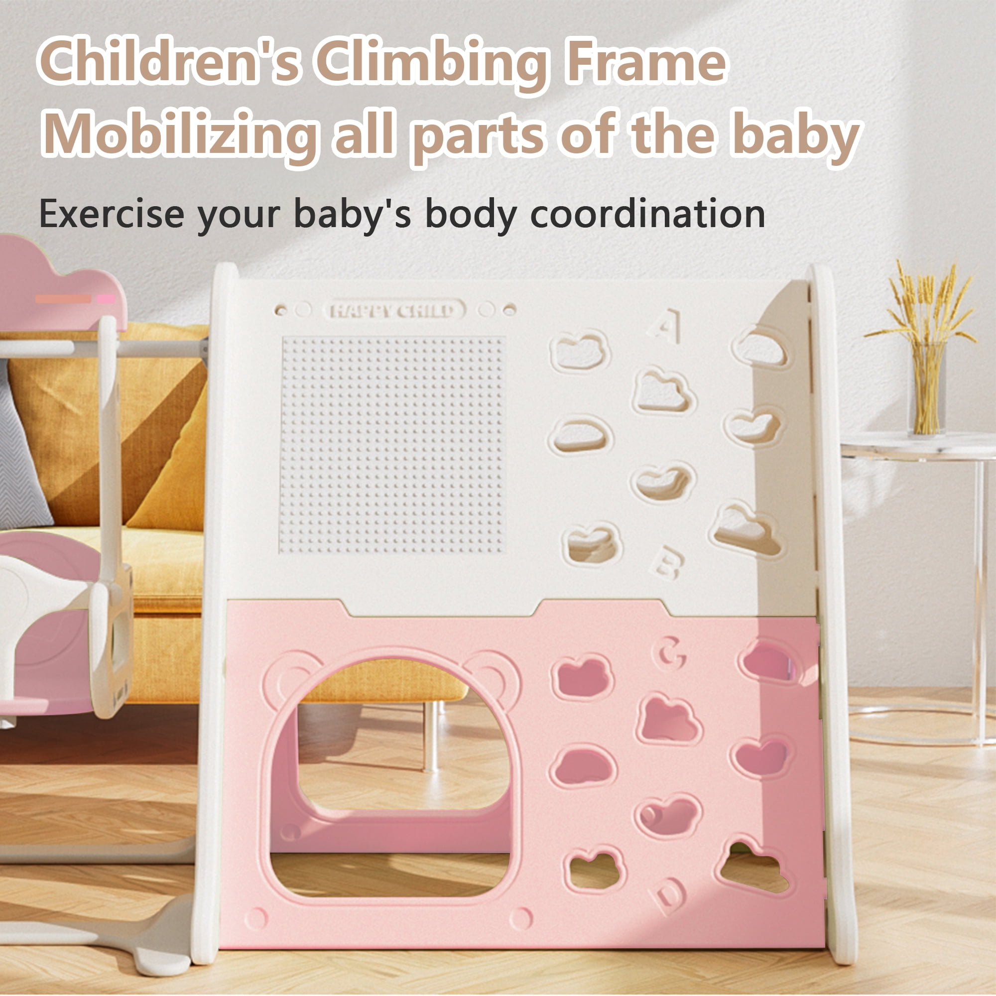 Toddler Slide, 8 in 1 Kids Indoor Slide for Toddlers 1-3, Kids Playground for Indoor Outdoor with Basketball Hoop Climbing playground and Swing , Indoor Outdoor Slide Playset,Pnk