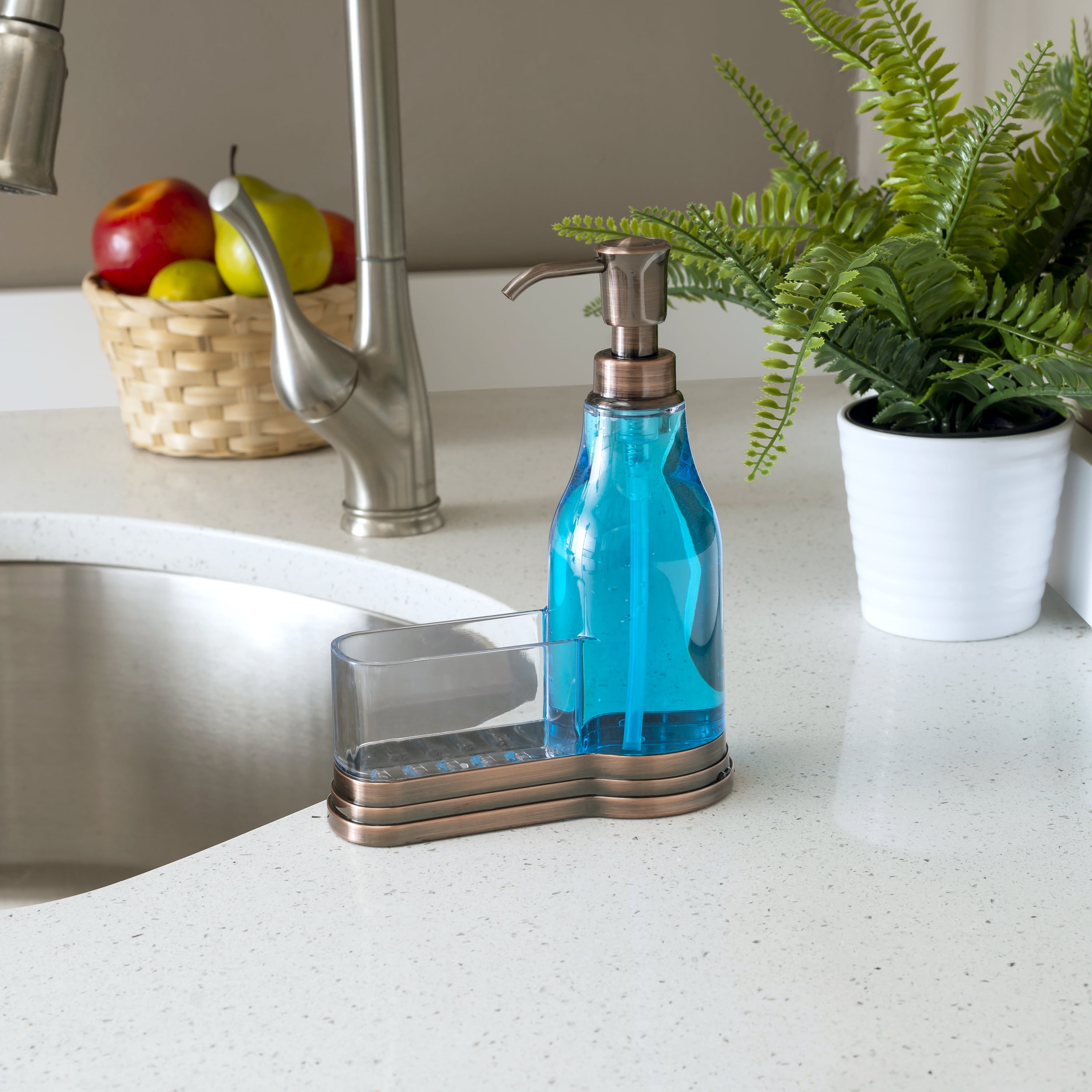 Plastic Soap Dispenser with Brushed Steel Top and Fixed Sponge Holder