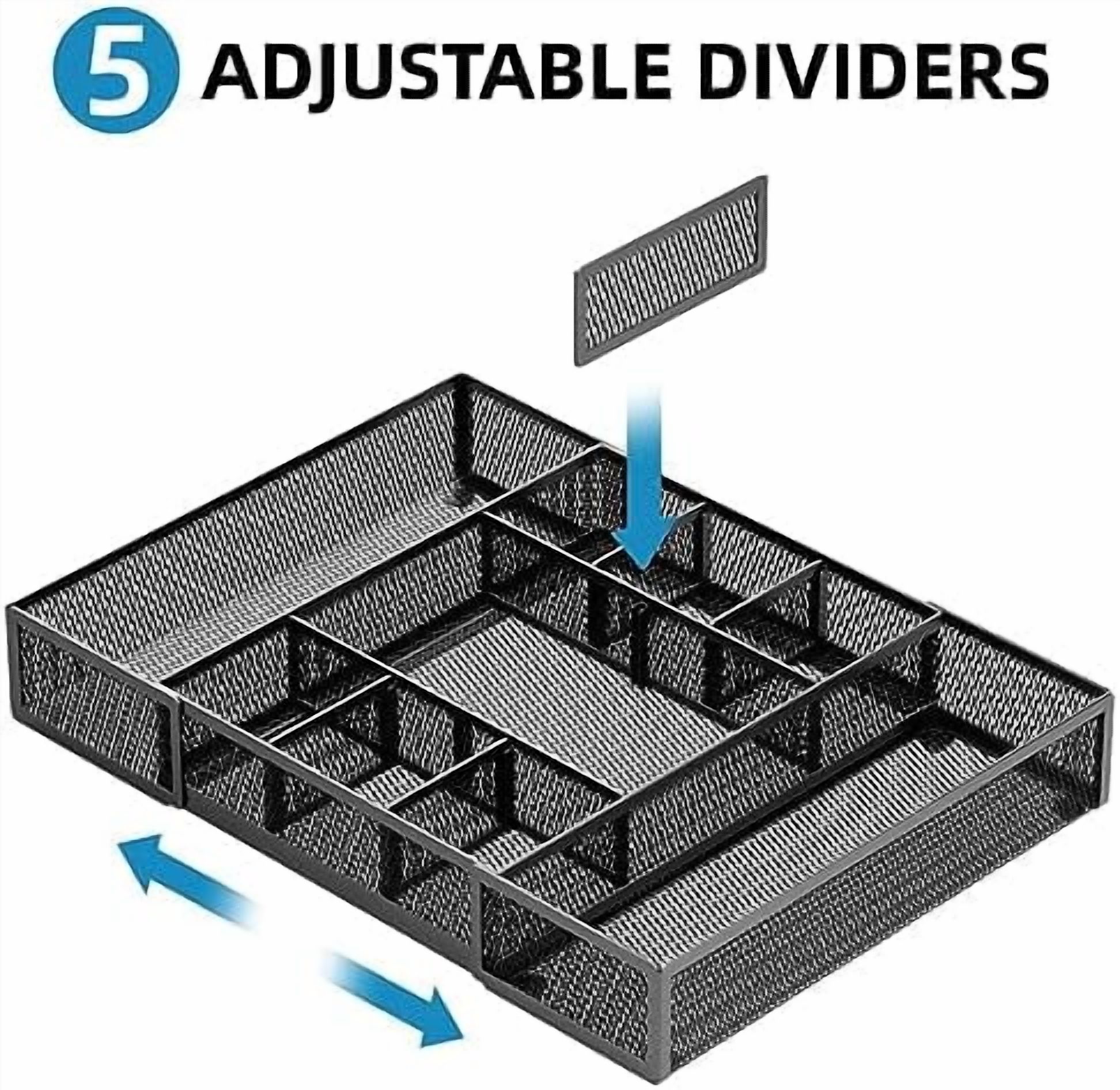 Expandable Desk Drawer Organizer, Mesh Drawer Organizer Tray with 10 Adjustable Compartments, Desk Organizers and Accessories, 5 Dividers Drawer for Office Supplies, Makeup & Vanity (Black)