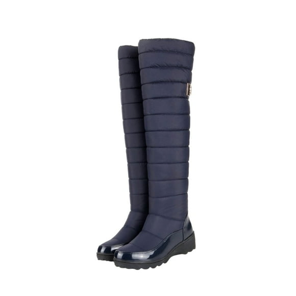 hopeusnice Women's Knee High Boots Winter Warm Snow Boots Padded Quilted Waterproof Platform Boots Buckle Decor Comfortable Shoes Blue 43