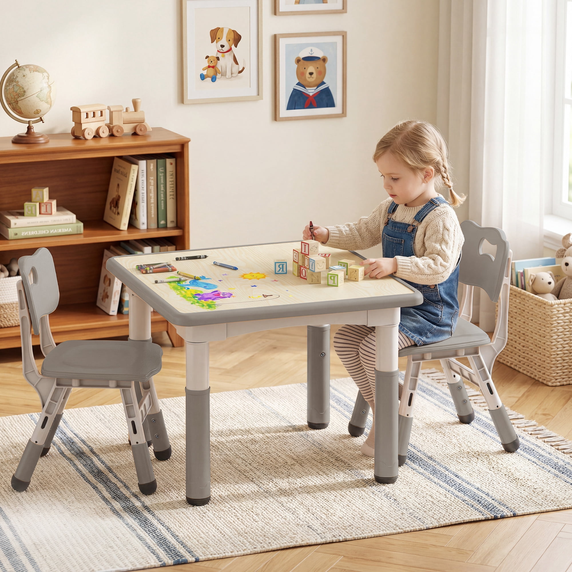 LINLUX Kids Table and 2 Chairs Set, Height Adjustable Table & Chairs, Activity Table for Toddlers, Basic Gray
