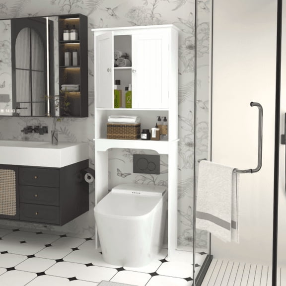 Over The Toilet Storage, 2-Tier Freestanding Bathroom Shelf Cabinet Organizer & Space Saver ,White