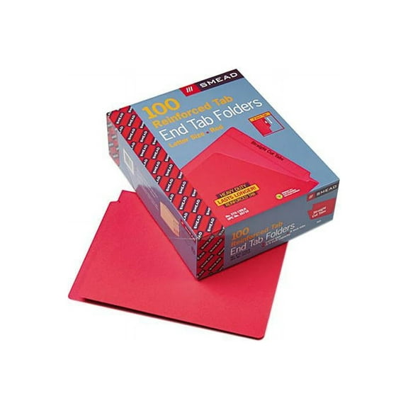 Smead 25710 Colored File Folders, Straight Cut, Reinforced End Tab, Letter, Red, 100/Box