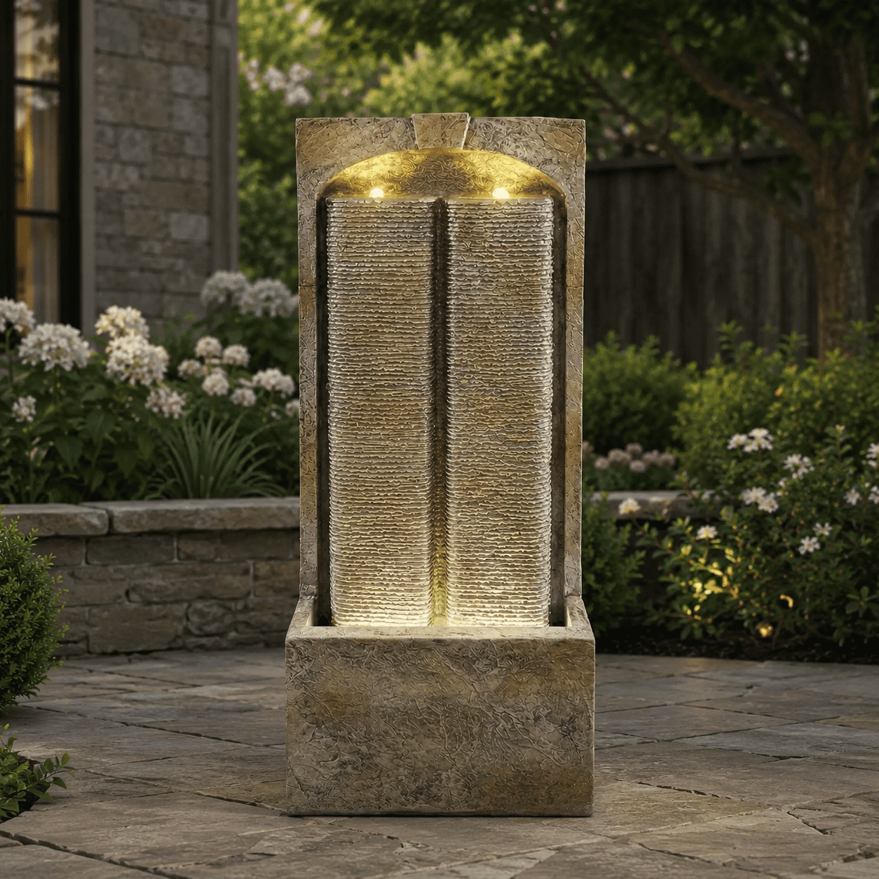 Aukfa 39" Outdoor Water Fountain with LED Lights, Slate Style Resin Water Wall Feature for Patio Garden Backyard,Brown