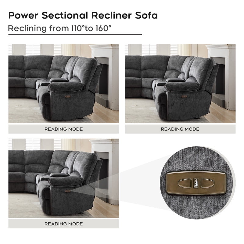 Oversized Power Recliner Sectional Sofa with Wireless Charger USB/Type-C Port,Storage Consloe,Chenille Electric Large Reclining Corner Couch,for Living Room 32.6" Seat Width for Big Man,Gray