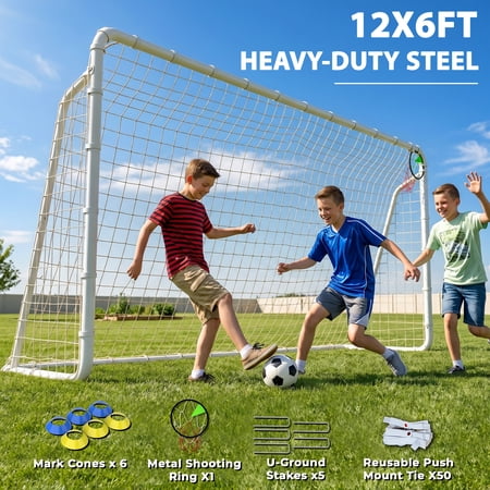 Kdymod 12×6 FT Soccer Goal for Backyard,Heavy-Duty Metal Soccer Net with Target Net,Outdoor Soccer Goal Soccer Equipment Set with 6 Soccer Cones & 5 Stakes for Kids and Adults ,White